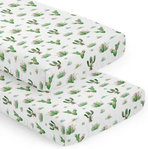 Sweet Jojo Designs Juego de sábanas bajeras para cuna de bebé con diseño floral de cactus rosa y verde, suave, para recién nacido, se adapta a
