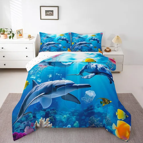 Miniatura 13 de Erosebridal Blue Ocean - Juego de edredón tamaño individual Juego de ropa de cama de ballena delfín y tortuga marina para niños y niñas, juego