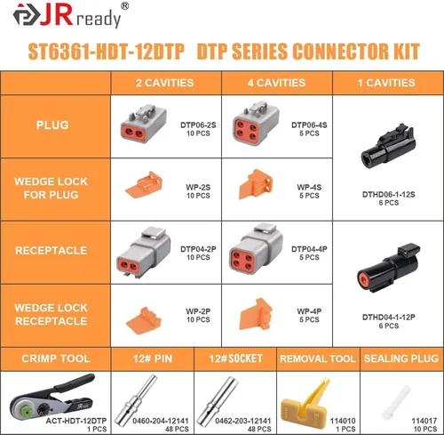 Miniatura 2 de JRready ST6361 Kit de conectores Deutsch, conector impermeable automotriz DTP de 2 y 4 vías, conectores macho hembra DTHD de 1 pin con herramienta