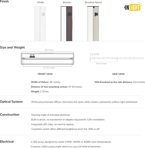 Miniatura 5 de Luz LED GetInLight, regulable, con certificación ETL, para debajo de los armarios, con 3 niveles de color: blanco cálido 2,700 K, blanco suave 3,000