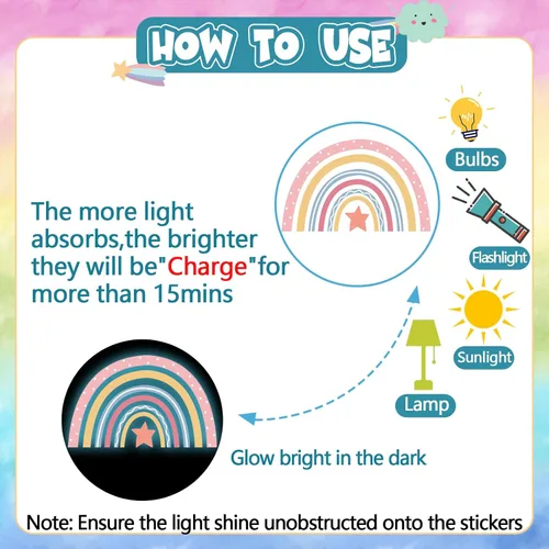 Miniatura 3 de Pegatinas de pared de arcoíris boho que brillan en la oscuridad, pegatinas de pared de arcoíris pequeñas luminosas y coloridas, autoadhesivas