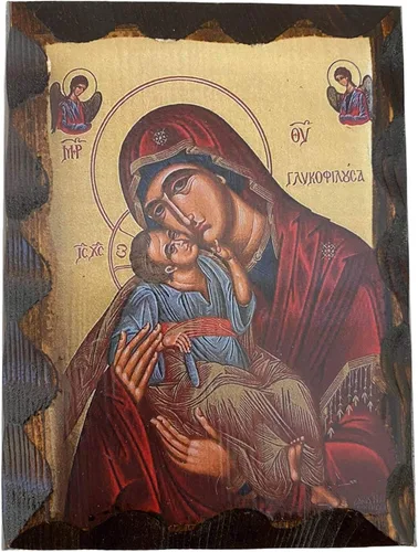 Icono de madera ortodoxa griega griega hecha a mano de la Virgen María Glykofilousa (16 X 4.7 in o 6.3 X 4.7 in) Madera maciza