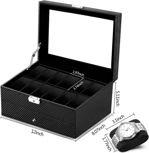 Miniatura 3 de Oyydecor Caja de reloj con 12 ranuras, organizador de relojes, organizador de joyas con cajón de joyería para almacenamiento y exhibición