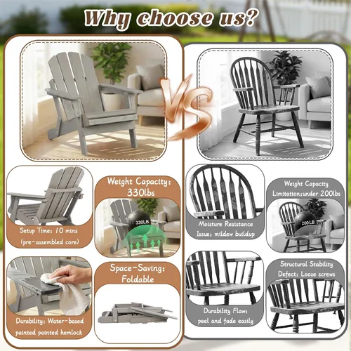 Miniatura 6 de Silla Adirondack plegable, de madera maciza, sillas para hogueras para todo tipo de clima, con respaldo premontado y tabla de asiento para terraza