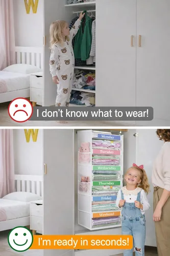 Miniatura 8 de punemi Organizador semanal de ropa para niños, 6 estantes colgantes con bolsillos laterales, diseño de días de la semana, 11.8 x 11.8 x 37.8