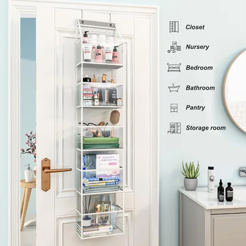Miniatura 6 de Fixwal Organizador de puerta colgante para despensa con 5 estantes, organizador de habitación con bolsillos de plástico transparente, 25 lb de Blanco
