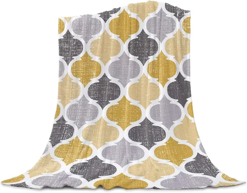Manta marroquí geométrica súper suave y acogedora de franela de forro polar, diseño retro amarillo gris, patrón marroquí abstracto, manta ligera y