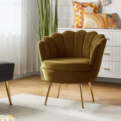 Miniatura 12 de HULALA HOME Silla decorativa moderna de terciopelo con respaldo en forma de concha, bonito sillón para sala de estar, dormitorio con patas doradas