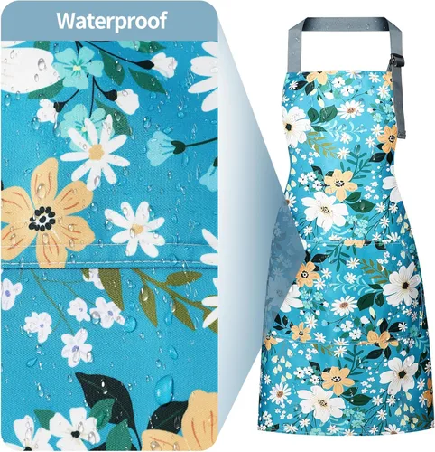 Miniatura 7 de Delantal floral para mujer, paquete de 2 delantales para mujer con bolsillos, delantales de cocina impermeables para cocinar, hornear