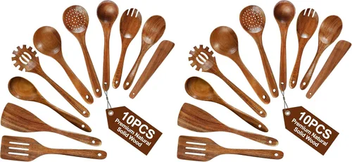 Miniatura 8 de Pleafind Juego de utensilios de madera de teca natural, 9 piezas, cucharas de madera para cocinar, juego de utensilios de cocina de madera