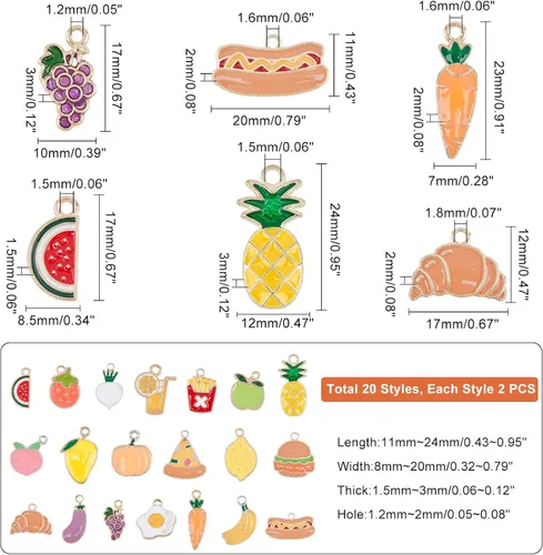 Miniatura 5 de PH PandaHall 40 colgantes de frutas y verduras, 20 estilos de dijes de alimentos esmaltados de fresa, melocotón, mango, calabaza, pizza, pan