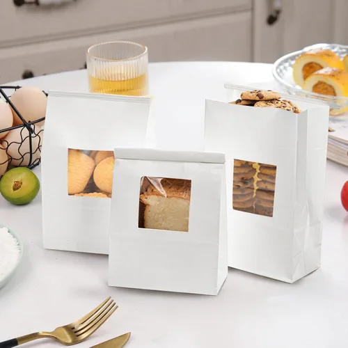 Miniatura 7 de AVLA Paquete de 100 bolsas de panadería con ventana, bolsa de galletas de 5.9 x 2.8 x 9.2 pulgadas, bolsas de papel kraft blanco, bolsas de bloqueo