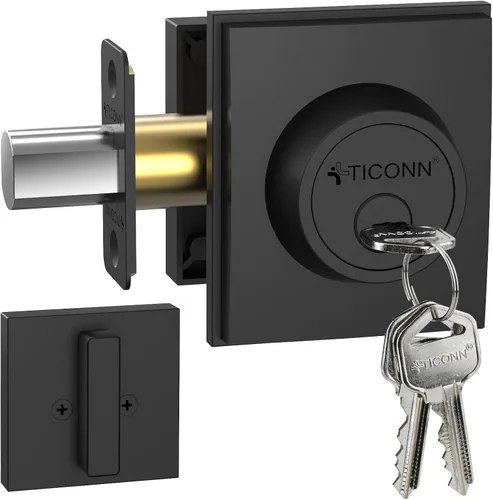 Miniatura 15 de TICONN Juego de manijas para puerta doble delantera, palanca de puerta cuadrada resistente y cerrojo de cilindro único combinado para puertas Bronce