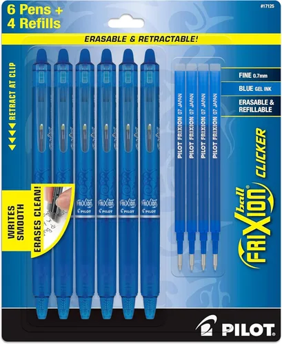 PILOT FriXion - Bolígrafos borrables de punta fina, 0.028 in, para Rocketbook y cuaderno, paquete de 6 bolígrafos de gel borrables azules + 4