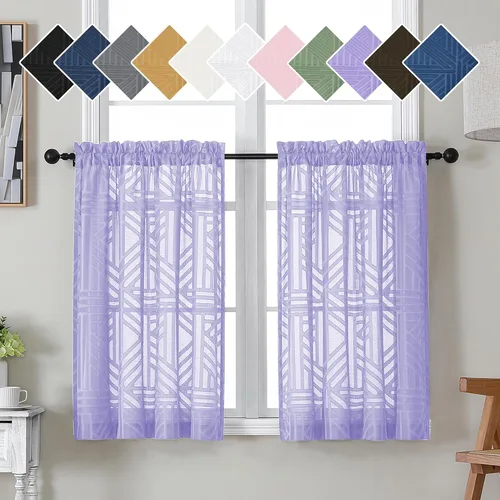 Miniatura 61 de Simplebrand Cortinas traslúcidas negras de cocina de 24 pulgadas de largo, 2 paneles, filtrado de luz, geométrico jacquard con textura, cortinas