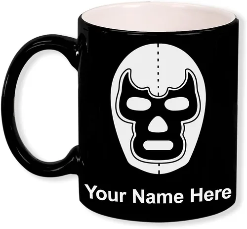 LaserGram Taza de café redonda de cerámica de 11 oz, máscara de Luchador, grabado personalizado incluido (negro)