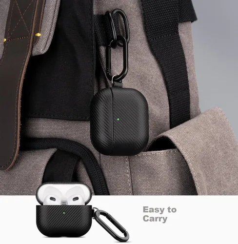 Miniatura 5 de LOPIE Funda compatible con AirPods 3 (lanzado en 2021), funda de cuero vegano estilo fibra de carbono con kit de clip y limpiador, funda protectora