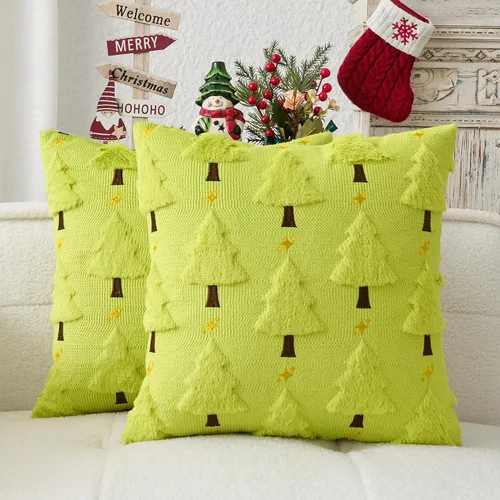 Miniatura 11 de Kevin Textile - Fundas de almohada con diseño de árbol de Navidad de 16 x 16 pulgadas, juego de 2, bordado de lujo, felpa suave, piel sintética