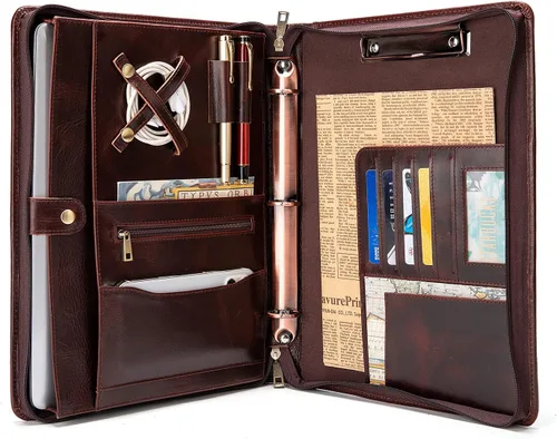 Miniatura 11 de YIWEN Portafolio de cuero genuino hecho a mano, portafolio con cremallera y carpeta de 3 anillos, organizador profesional de negocios, carpeta