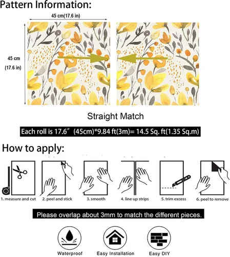 Miniatura 6 de Papel tapiz autoadhesivo Kapok de flores frescas amarillas, autoadhesivas, para despegar y pegar, removible, acuarela, sin costuras, prepegado
