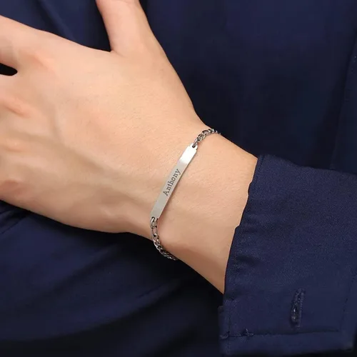 Miniatura 5 de LeCalla Pulsera personalizada con nombre de identificación personalizada grabada Pulsera de identificación de barra de eslabones para hombre