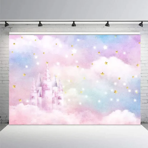 Miniatura 9 de MEHOFOND Acuarela de arco iris pastel para estudio fotográfico, decoración de fondo para cabina de estudio fotográfico, estrellas doradas, nube