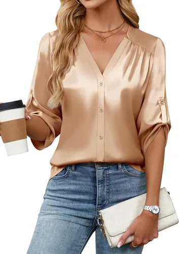 Miniatura 27 de Blooming Jelly Camisas con botones para mujer de manga 3/4, tops casuales elegantes, blusas de negocios de satén de seda plisado 2025
