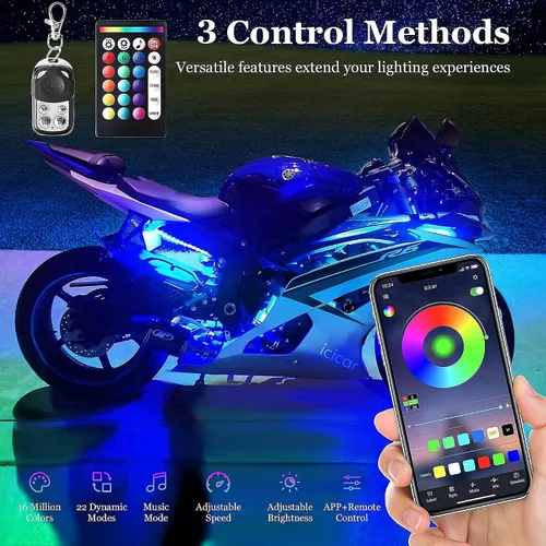 Miniatura 3 de 12 luces de motocicleta con control de aplicación, modo de música RGB de 16 millones de colores, función de luz de freno IP68 impermeable con doble