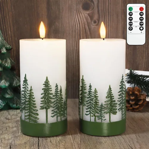 Velas de Árbol de Navidad sin llama de Crystal Club, vela LED de pilas con control remoto, vela de pilar parpadeante 3D y cera real en relieve para