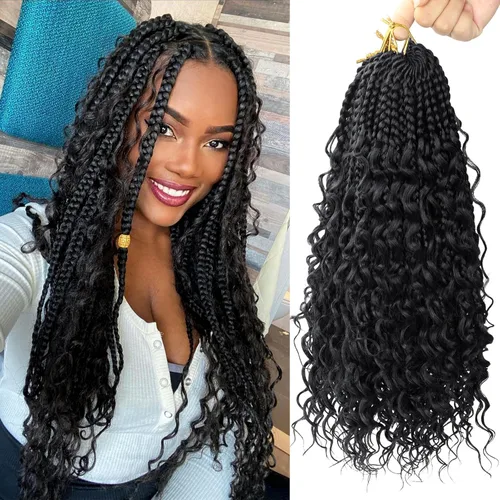 Goddess Box Braids - Cabello de ganchillo con extremos rizados de 16 pulgadas, trenzas de caja bohemias de ganchillo, 8 paquetes, trenzas de