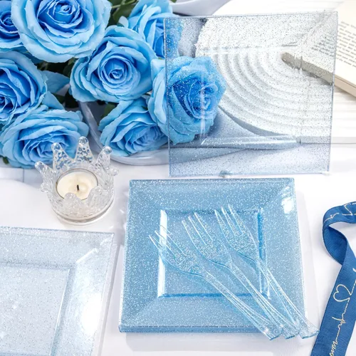 Miniatura 8 de DaYammi 100 platos de postre con purpurina azul, que incluyen 50 platos de aperitivo de 6 pulgadas y 50 tenedores de plástico de 5.7 pulgadas, plato