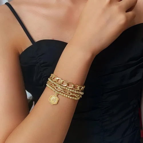 Miniatura 3 de Pulseras chapadas en oro para mujer, pulseras con inicial de oro, juego de pulseras apilables de cuentas en capas de oro, pulseras lindas, Ágata