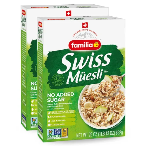 Miniatura 7 de Familia Swiss Muesli Cereal, 0g de azúcar añadido, Cereal lleno de energía con pasas, avellanas y almendras, caja de 29 onzas (6 unidades)