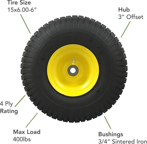 Miniatura 3 de Marastar Neumático 15x6.00-6, conjunto de rueda y neumático delantero de repuesto similar al OEM, compatible con cortacéspedes John Deere, Turf