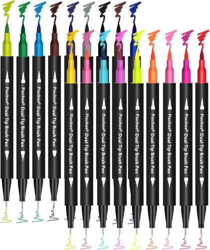 Piochoo Marcadores de doble punta de 18 colores, punta fina y punta de pincel para libros de colorear para adultos, sin sangrado, suministros de arte
