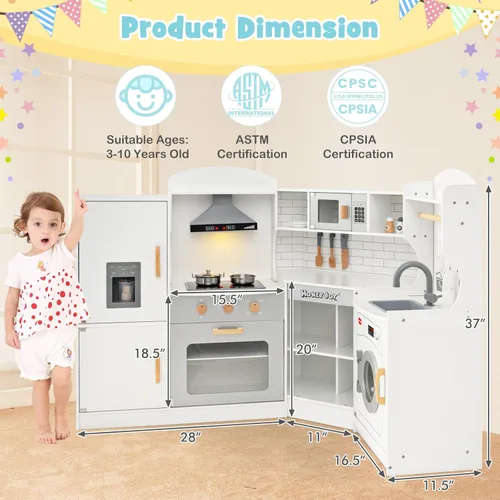 Miniatura 9 de HONEY JOY Juego de cocina esquinera para niños, cocina de madera definitiva para niños pequeños, lavadora, máquina de hielo, fregadero, microondas