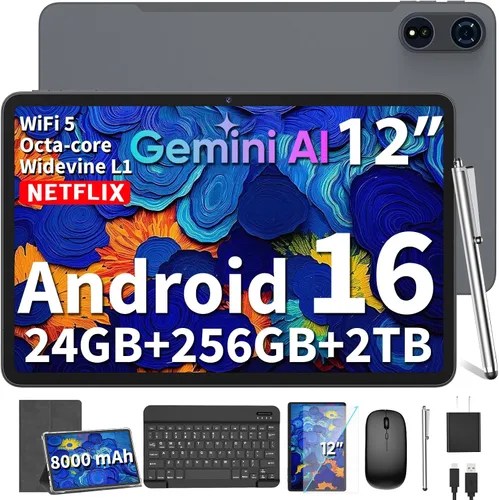 Tablet grande de 12 pulgadas 2026, Android 16 con teclado, 24GB+256GB+2TB Expand, Tablets PC con 2K Gemini AI, 8000mAh, Octa-Core, 16+8MP, tabletas