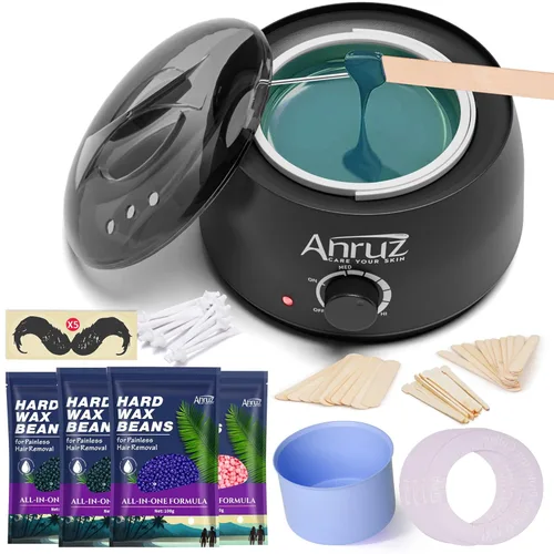 Kit de cera Anruz para mujeres y hombres - Kit de cera para depilación con cuenco de silicona, 4 bolsas de perlas de cera dura y 30 palos - Kit de