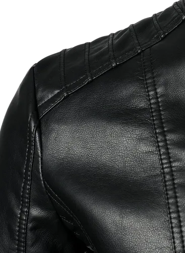 Miniatura 4 de HOOD CREW Chaquetas de cuero para hombre, chaqueta de motocicleta negra, cuello alto, chaqueta de piel sintética
