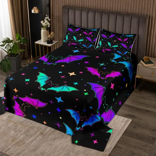 Erosebridal Juego de colcha de murciélago de Halloween, tamaño individual, estrellas con purpurina y galaxia, para niños, decoración de Halloween,