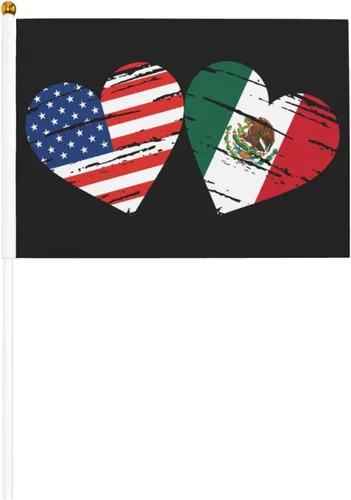 Bandera de México de Estados Unidos, bandera de mano con corazón, tamaño único, tamaño pequeño, mini banderas en palo, decoraciones de fiesta para