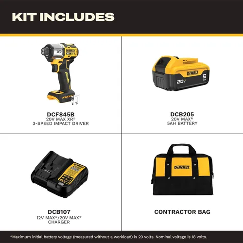 Miniatura 3 de DEWALT Atornillador de Impacto 20V MAX, Inalámbrico, 3 Velocidades, Batería y Cargador Incluidos (DCF845P1)