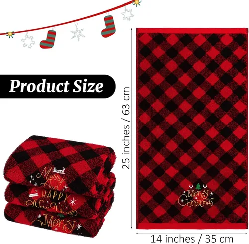 Miniatura 2 de MCEAST Paquete de 3 toallas de mano navideñas de 14 x 25 pulgadas, toallas de algodón bordadas, toallas de baño navideñas rojas y negras a cuadros