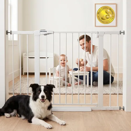 Miniatura 16 de Mumeasy Puerta de bebé de 29.7-46 pulgadas para escaleras, puerta de perro montada a presión para puertas, puerta de cierre automático a través