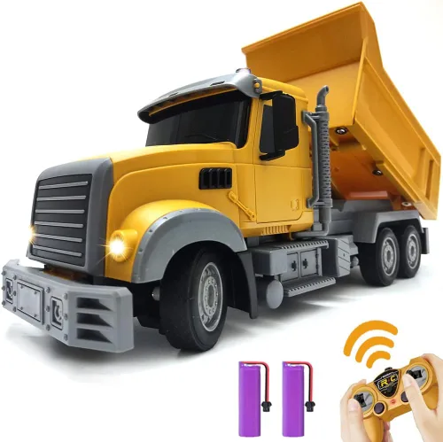 Camión volquete RC de juguete para niños, camión volquete de control remoto de 6 canales con luces LED, vehículo de construcción RC juguetes con 2
