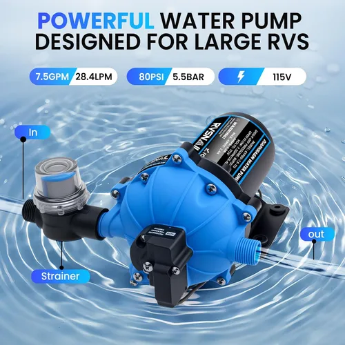 Miniatura 4 de Bomba de agua dulce de diafragma de 5 cámaras de 110 V, 7.5 GPM, 80 PSI, bomba de refuerzo autocebante con interruptor de presión resistente