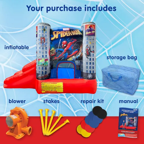 Miniatura 2 de Funormous Marvel Spider-Man Casa de Rebote Inflable con Tobogán, Castillo Hinchable de Spiderman para Niños, Interior y Exterior, Plus Soplador