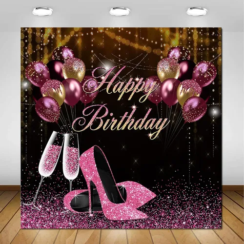 Avezano Telón de fondo de cumpleaños con purpurina rosa y negro para niñas y mujeres, sesión de fotos, pancarta de fiesta de feliz cumpleaños,
