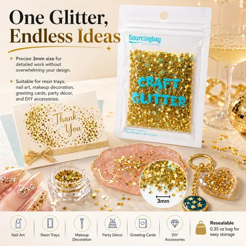 Miniatura 4 de Sourcingbay Stars Glitter 3mm PVC Holographic Gold Star Glitter for Resin Craft Nail Art Makeup Party Decoration 0.3oz