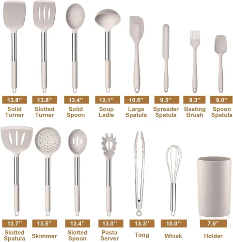 Miniatura 2 de LIANYU Juego de 15 utensilios de cocina con soporte, herramientas de cocina de silicona con mango de acero inoxidable, utensilios resistentes al